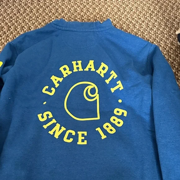 Carhartt Royal Blue Hoodie with Bold Yellow Sleeve Logo - Picture 3 of 3